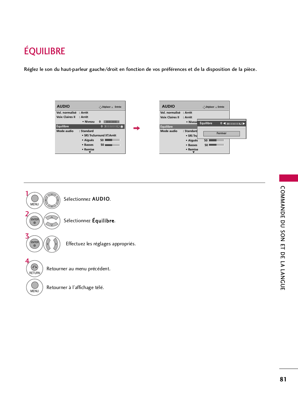 Équilibre, Commande du son et de la langue, Retourner au menu précédent | Retourner à l’affichage télé | LG 42PQ30C User Manual | Page 208 / 371