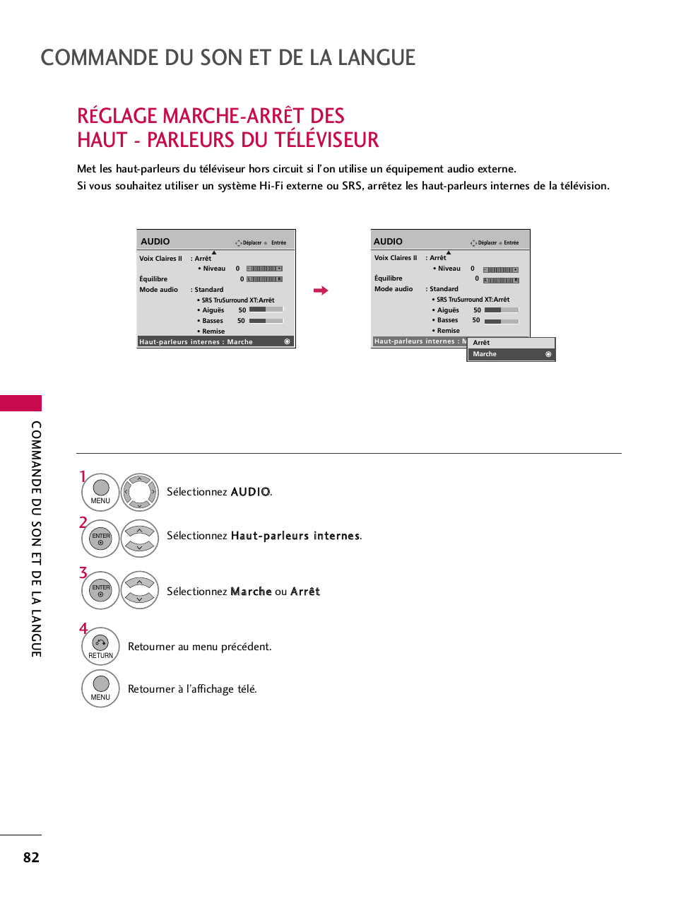 Glage marche-arr, T des haut - parleurs du téléviseur, Commande du son et de la langue | LG 42PQ30C User Manual | Page 209 / 371