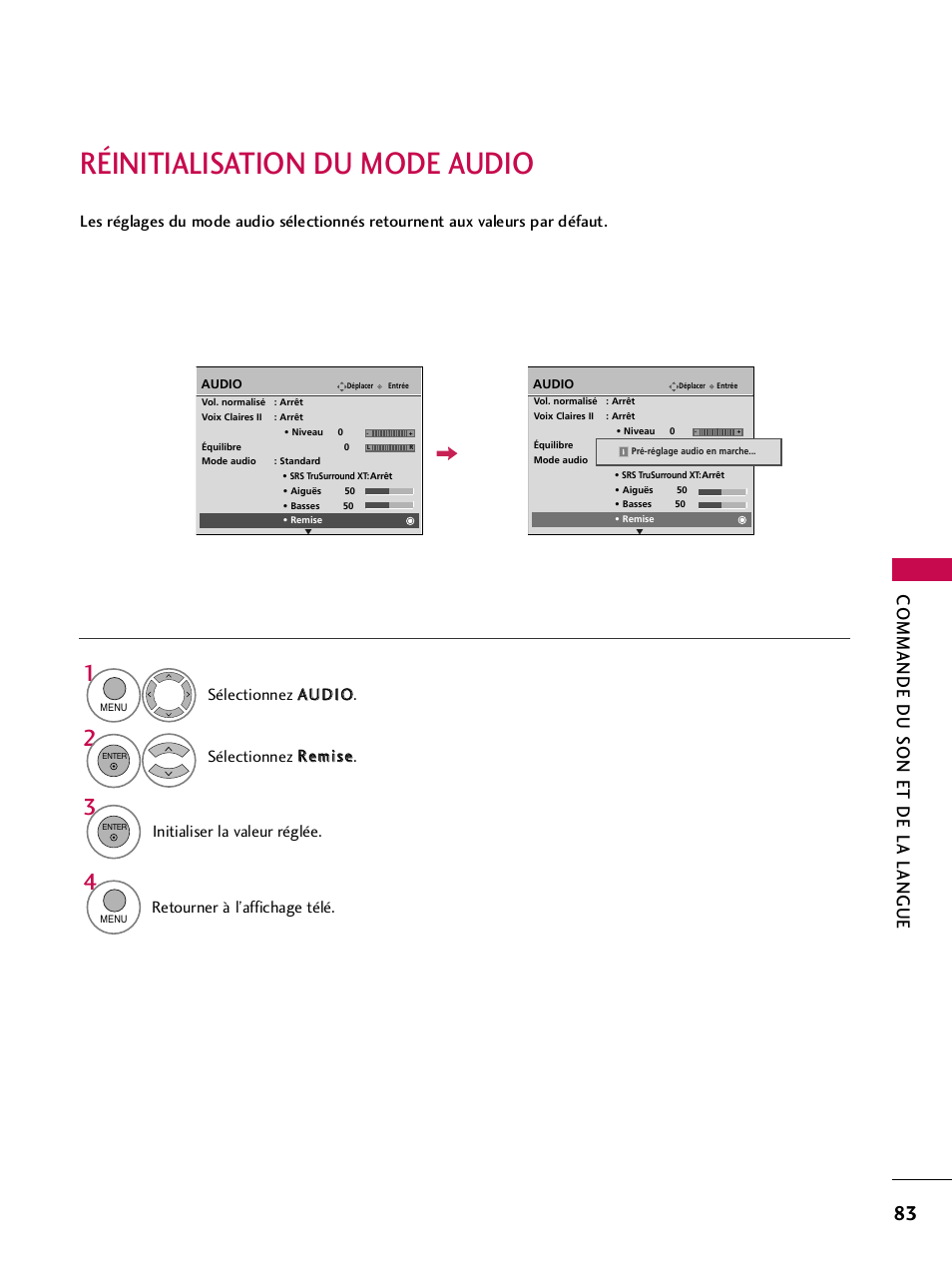 Réinitialisation du mode audio, Commande du son et de la langue, Initialiser la valeur réglée | Retourner à l’affichage télé | LG 42PQ30C User Manual | Page 210 / 371