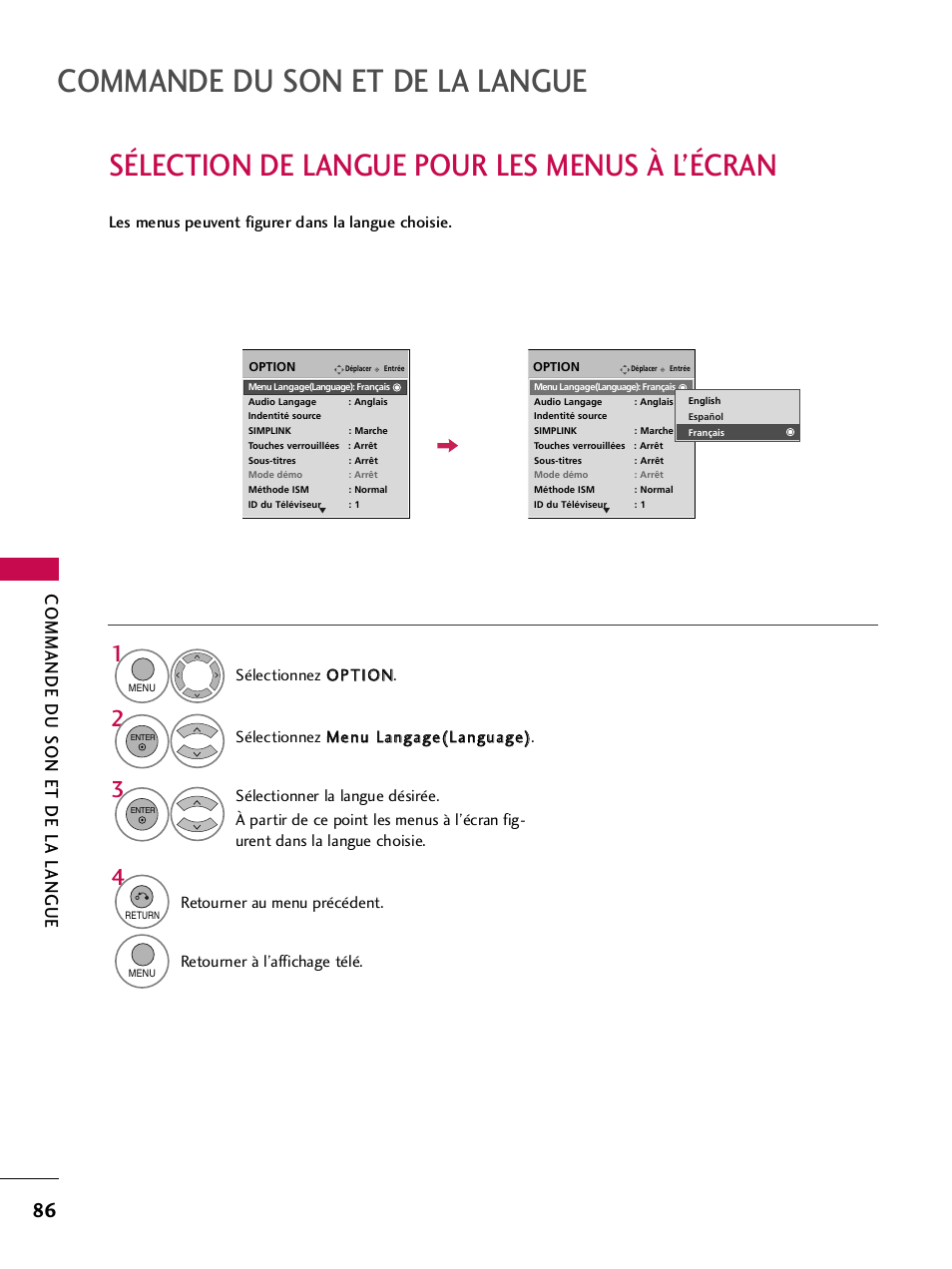 Sélection de langue pour les menus à l’écran, Commande du son et de la langue | LG 42PQ30C User Manual | Page 213 / 371