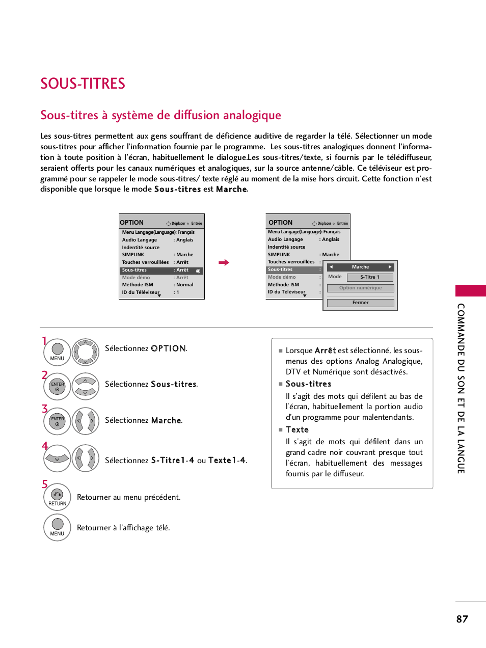 Sous-titres, Sous-titres à système de diffusion analogique, Commande du son et de la langue | LG 42PQ30C User Manual | Page 214 / 371