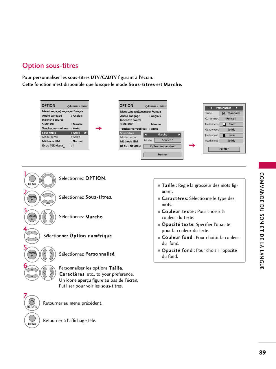 Option sous-titres, Commande du son et de la langue | LG 42PQ30C User Manual | Page 216 / 371