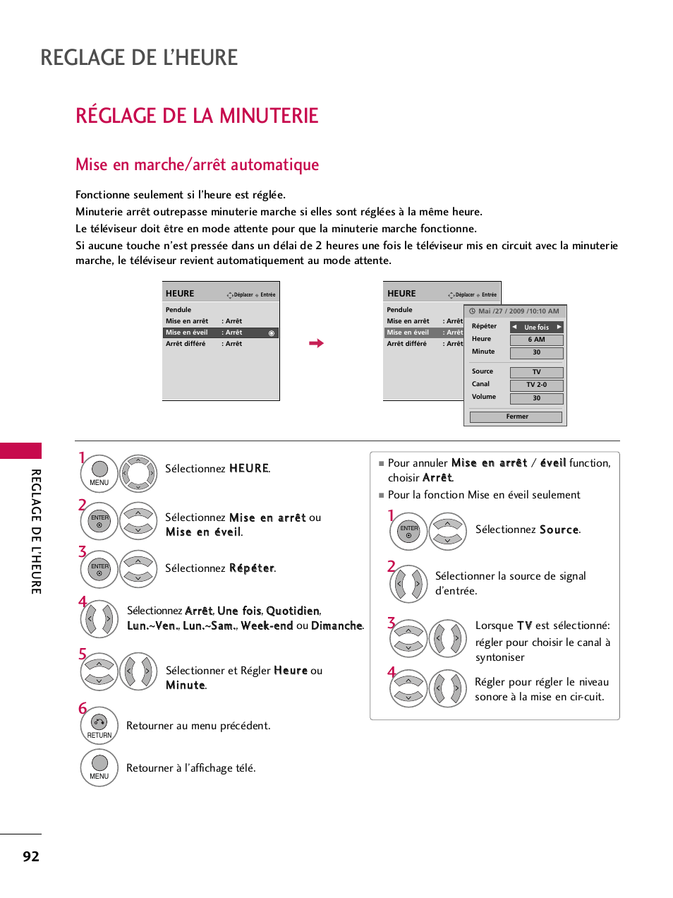 Réglage de la minuterie, Mise en marche/arrêt automatique, Reglage de l’heure | Regla ge de l ’heure | LG 42PQ30C User Manual | Page 219 / 371