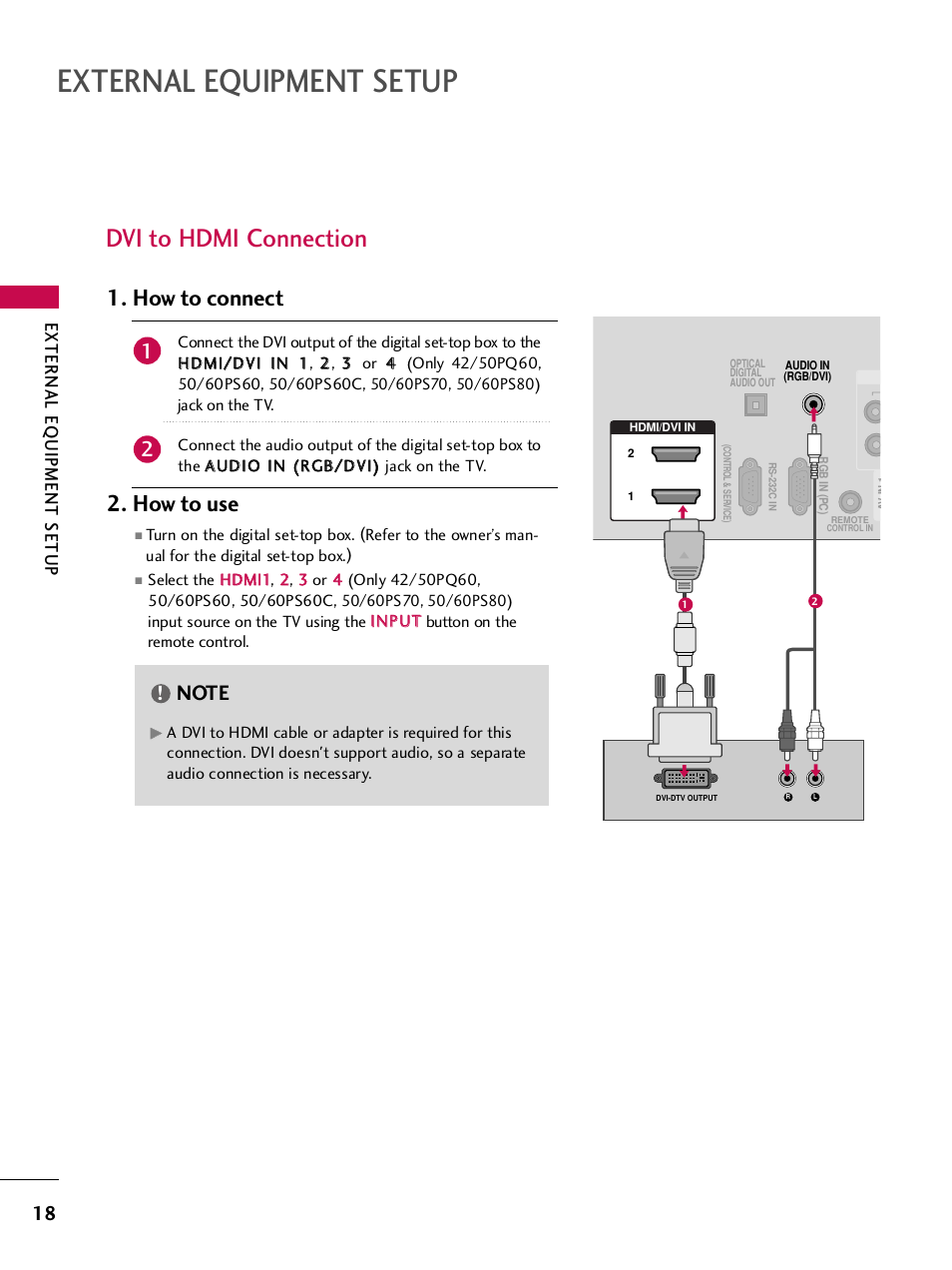 Dvi to hdmi connection, External equipment setup, How to connect 2. how to use | External eq uipment setup | LG 42PQ30C User Manual | Page 22 / 371