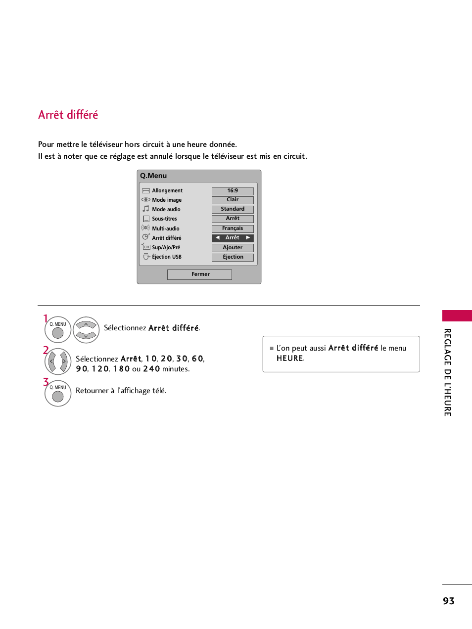 Arrêt différé, Regla ge de l ’heure | LG 42PQ30C User Manual | Page 220 / 371