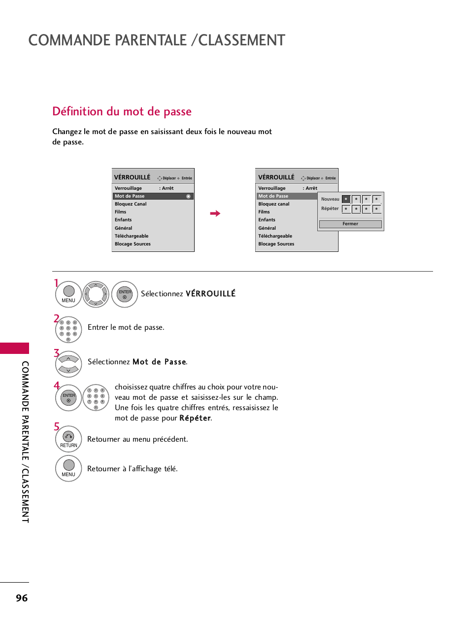 Définition du mot de passe, Commande parentale /classement, Commande p arent ale /classement | Entrer le mot de passe, Retourner au menu précédent, Retourner à l’affichage télé | LG 42PQ30C User Manual | Page 223 / 371