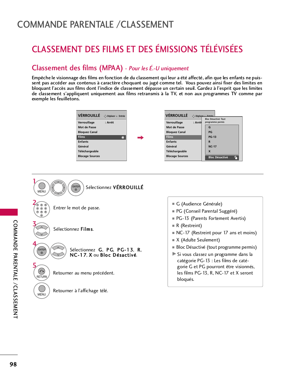 Classement des films et des émissions télévisées, Commande parentale /classement, Classement des films (mpaa) | Pour les é.-u uniquement, Commande p arent ale /classement | LG 42PQ30C User Manual | Page 225 / 371
