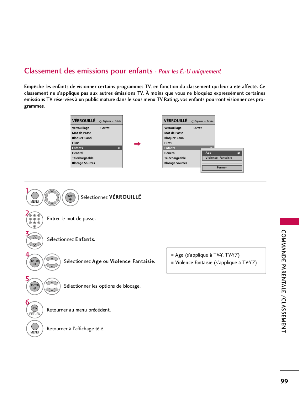 Classement des emissions pour enfants, Pour les é.-u uniquement, Commande p arent ale /classement | LG 42PQ30C User Manual | Page 226 / 371