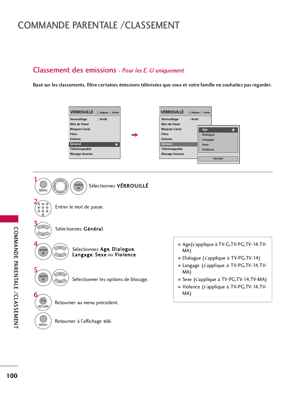 Commande parentale /classement, Classement des emissions, Pour les é.-u uniquement | Commande p arent ale /classement | LG 42PQ30C User Manual | Page 227 / 371