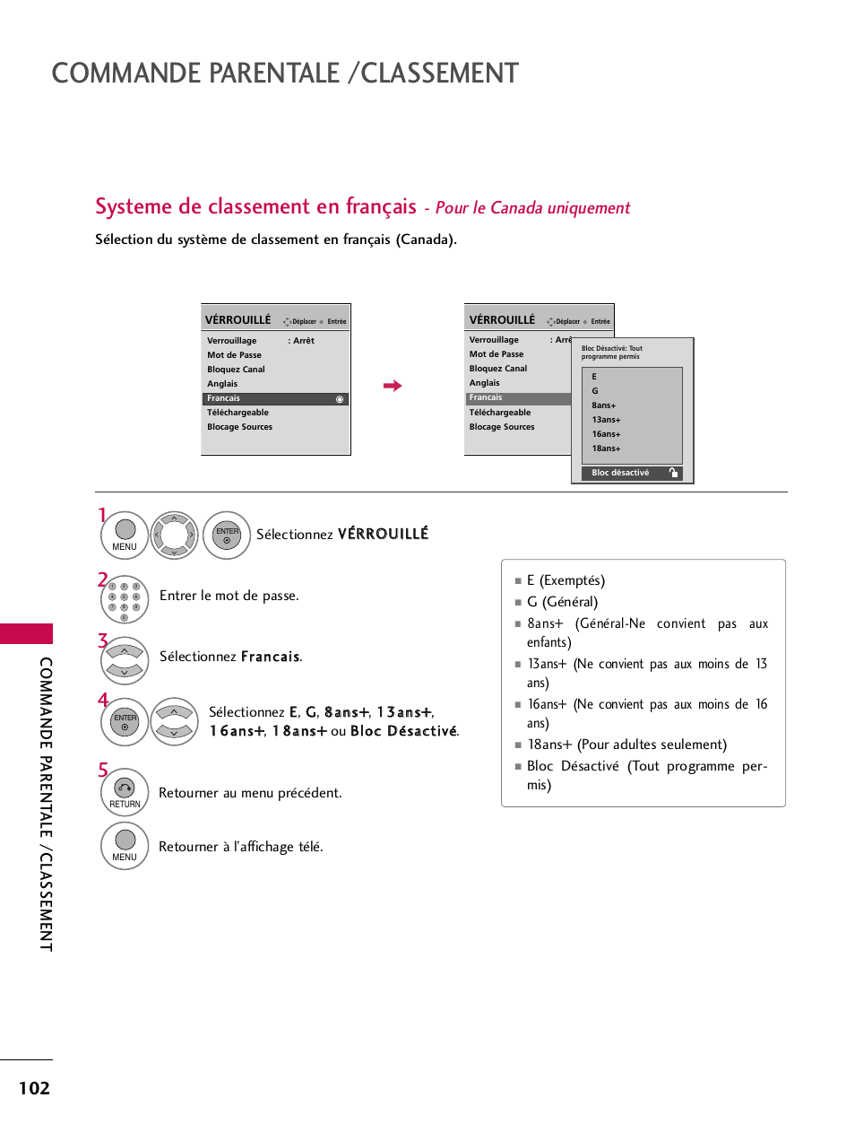 Commande parentale /classement, Systeme de classement en français, Pour le canada uniquement | Commande p arent ale /classement | LG 42PQ30C User Manual | Page 229 / 371