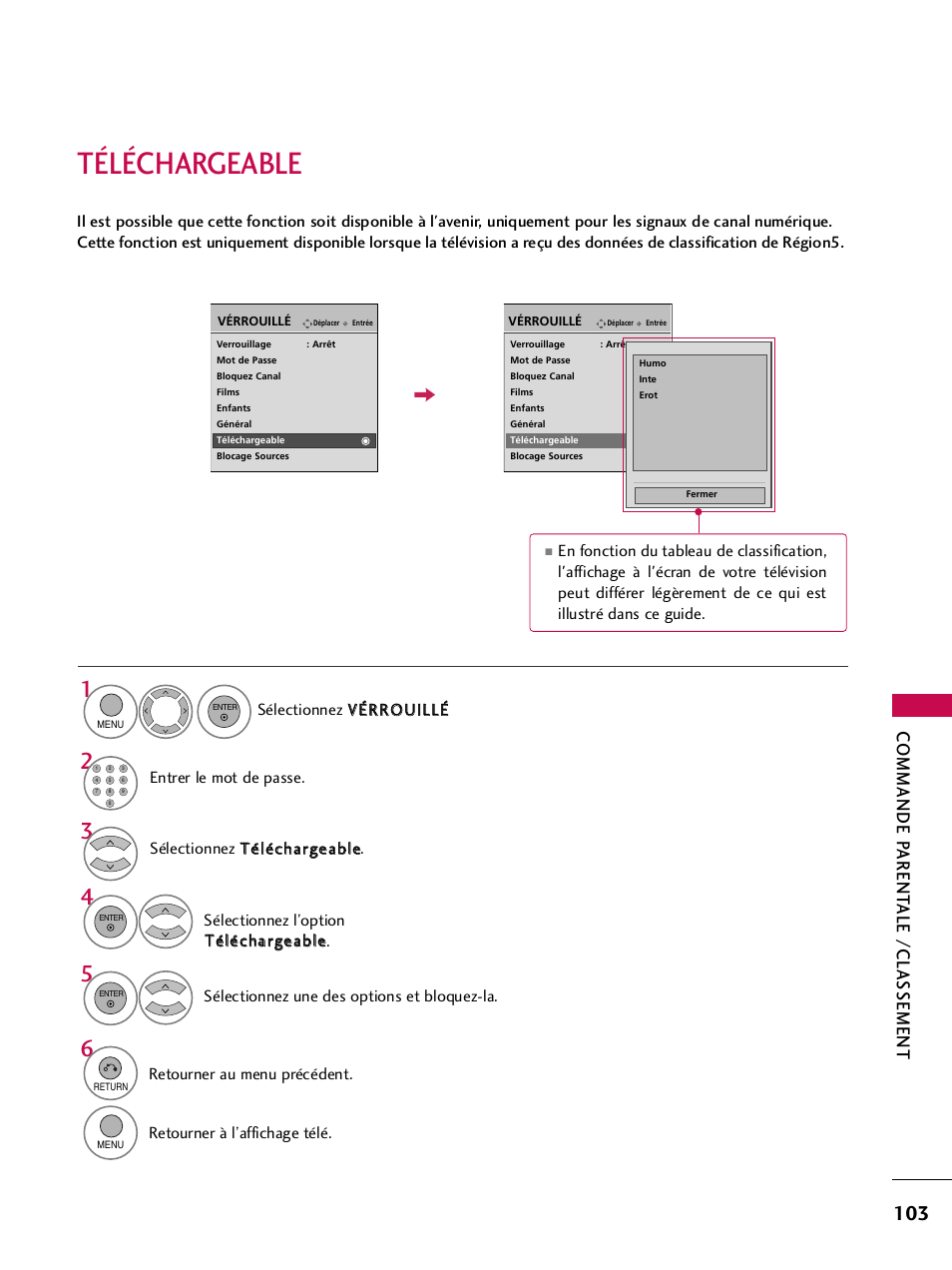 Téléchargeable, Commande p arent ale /classement | LG 42PQ30C User Manual | Page 230 / 371