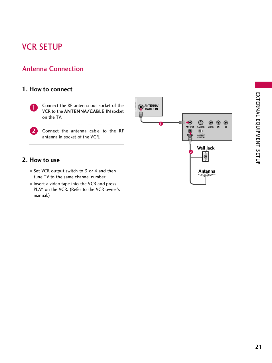 Vcr setup, Antenna connection, How to connect 2. how to use | External eq uipment setup | LG 42PQ30C User Manual | Page 25 / 371