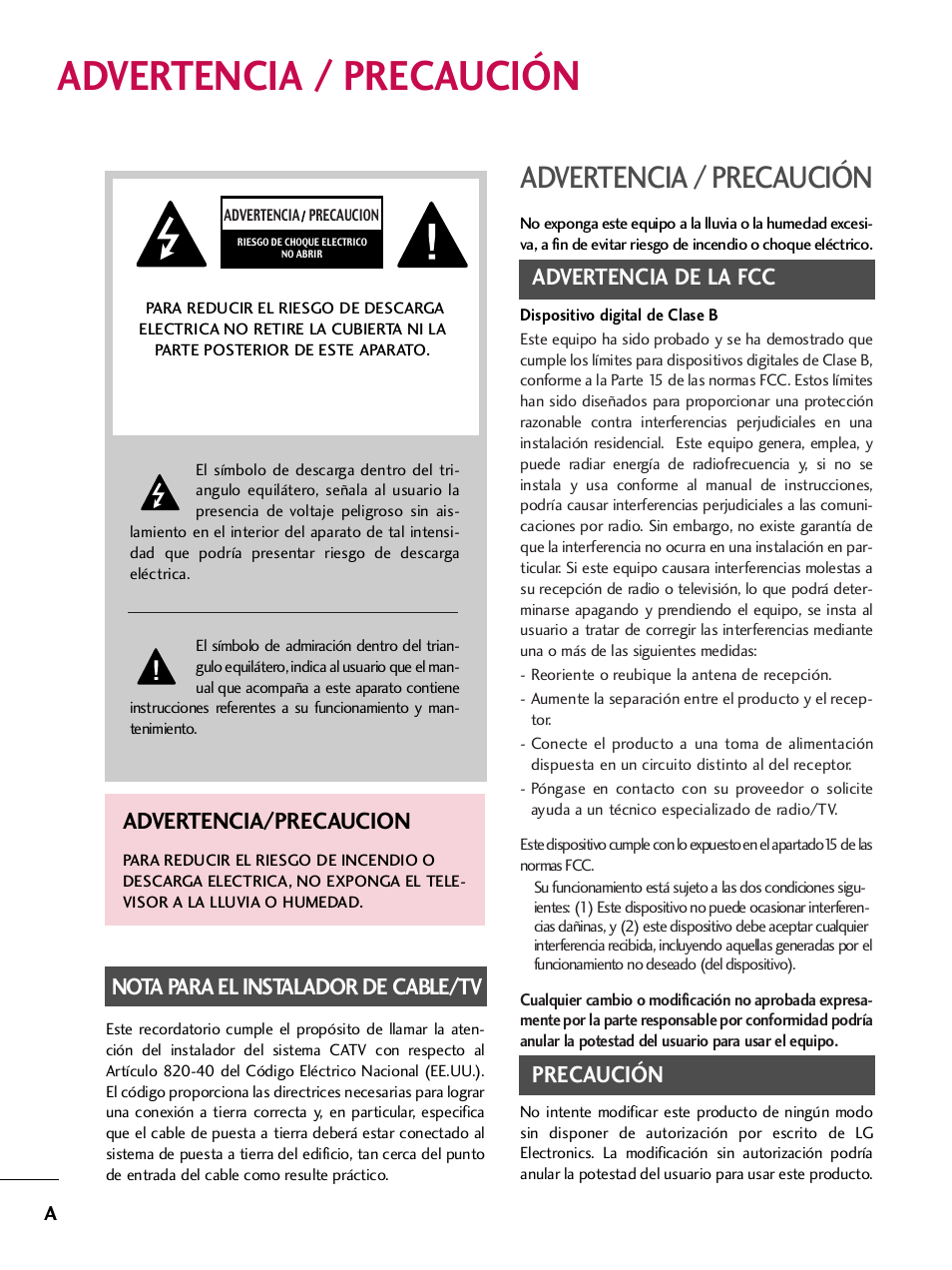 Advertencia / precaución, Advertencia de la fcc, Precaución | Advertencia/precaucion, Nota para el instalador de cable/tv | LG 42PQ30C User Manual | Page 250 / 371