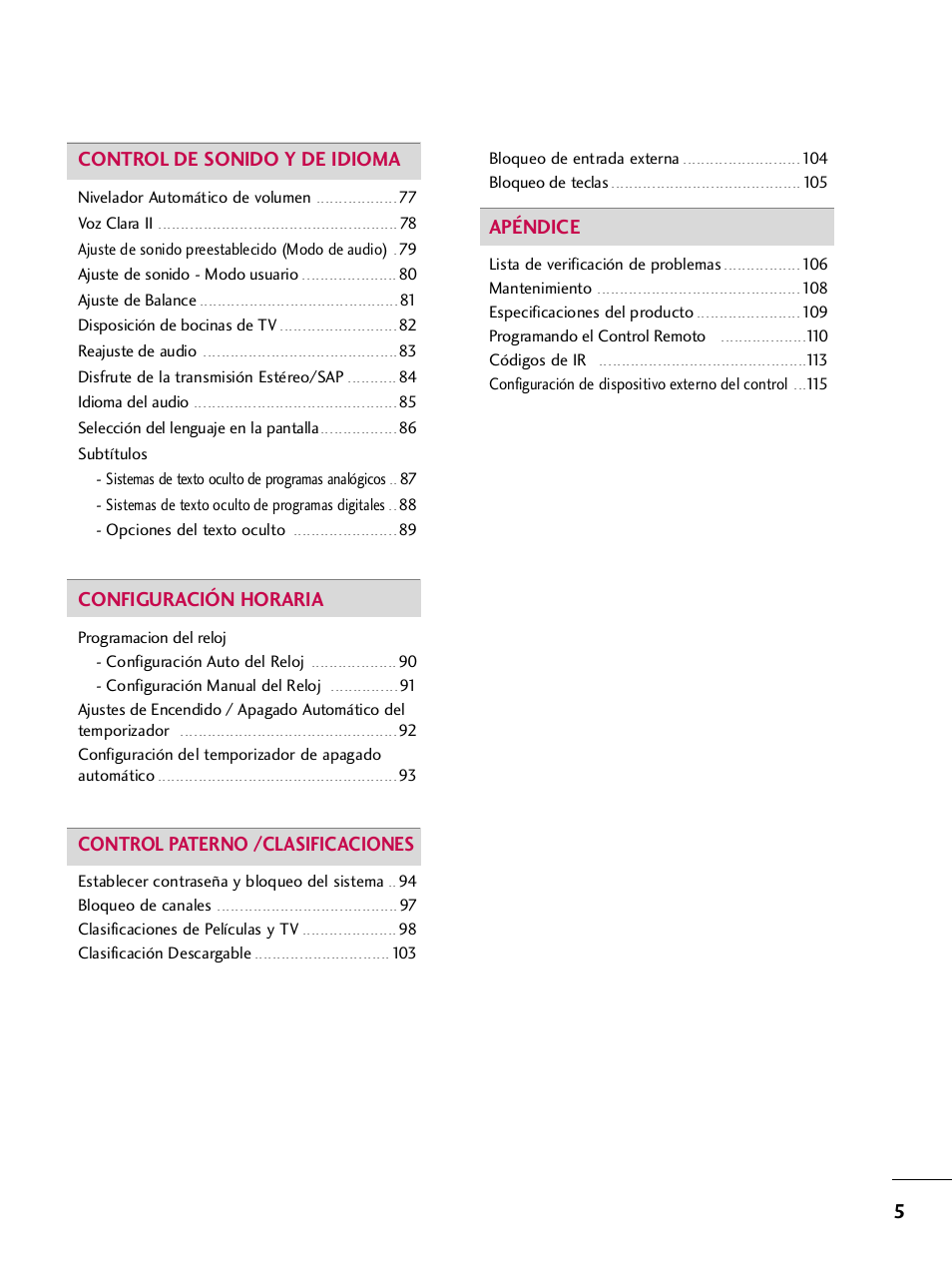 5control de sonido y de idioma, Configuración horaria, Control paterno /clasificaciones | Apéndice | LG 42PQ30C User Manual | Page 255 / 371