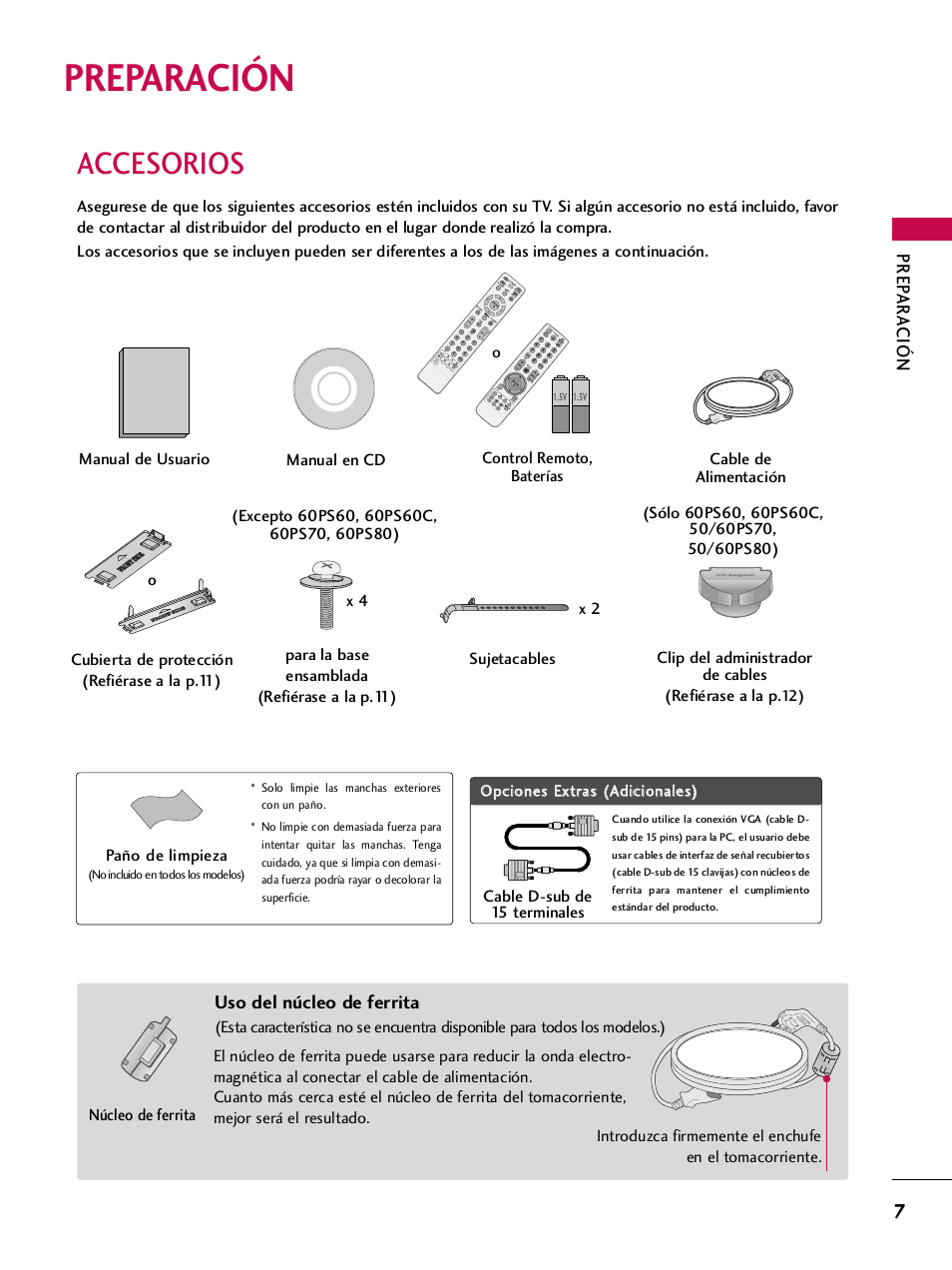 Preparación, Accesorios, Prep ar a ción | Uso del núcleo de ferrita, Paño de limpieza, Cable d-sub de 15 terminales | LG 42PQ30C User Manual | Page 257 / 371