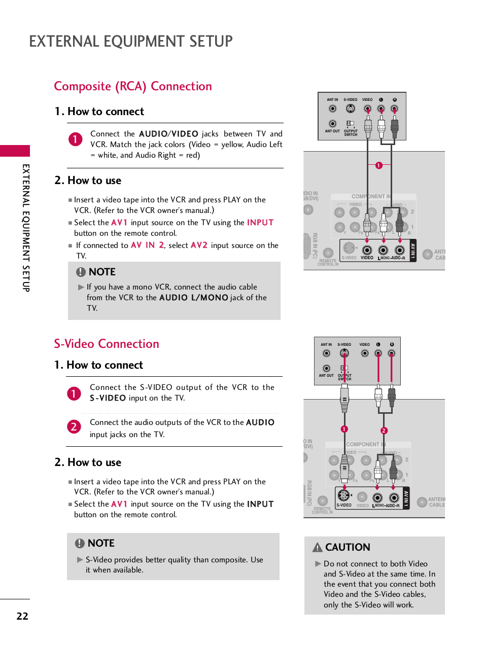 Composite (rca) connection, S-video connection, External equipment setup | How to connect 2. how to use, How to use, How to connect, Caution, External eq uipment setup | LG 42PQ30C User Manual | Page 26 / 371