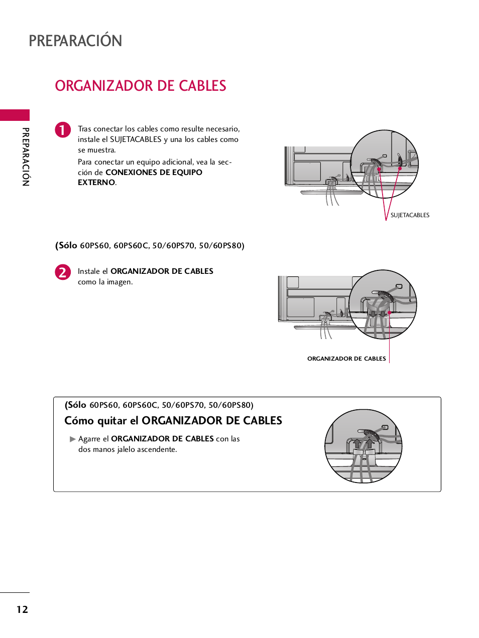 Organizador de cables, Preparación, Cómo quitar el organizador de cables | LG 42PQ30C User Manual | Page 262 / 371