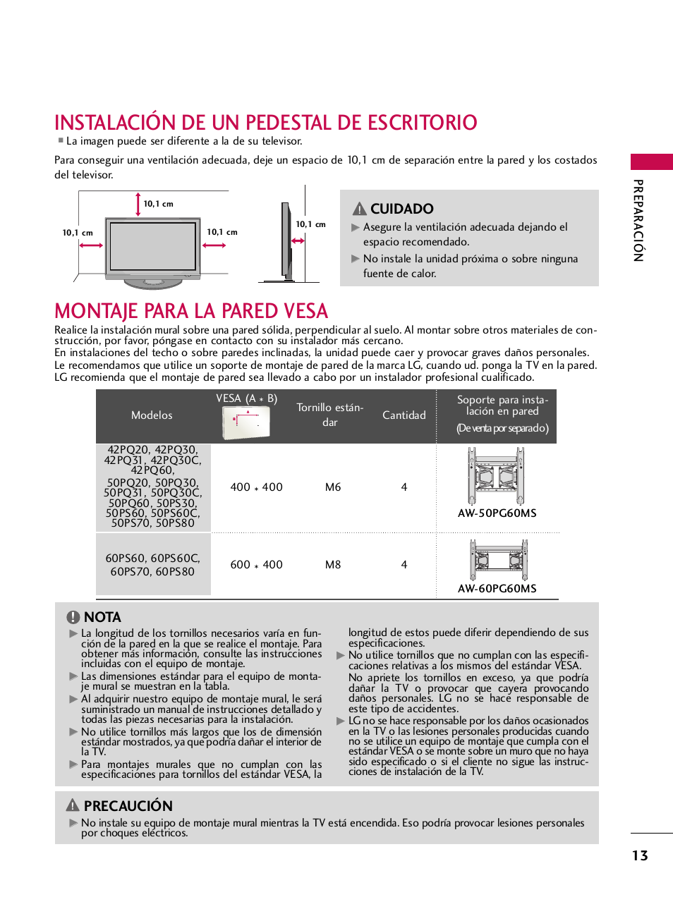Instalación de un pedestal de escritorio, Montaje para la pared vesa, Precaución | Nota, Cuidado, Prep ar a ción | LG 42PQ30C User Manual | Page 263 / 371