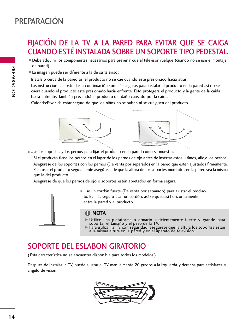 Soporte del eslabon giratorio, Preparación, Nota | LG 42PQ30C User Manual | Page 264 / 371
