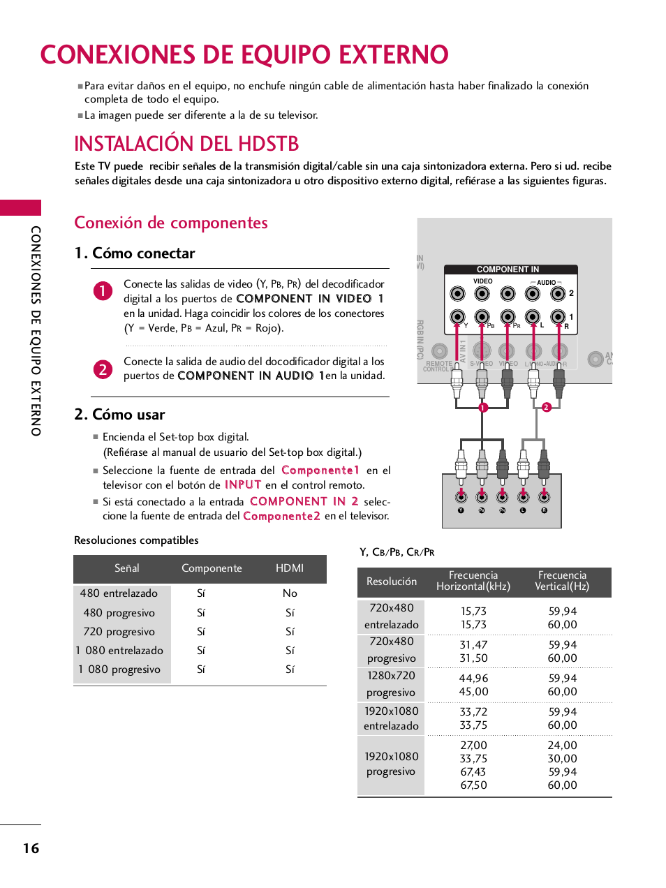 Conexiones de equipo externo, Instalación del hdstb, Conexión de componentes | Cómo conectar, Cómo usar | LG 42PQ30C User Manual | Page 266 / 371