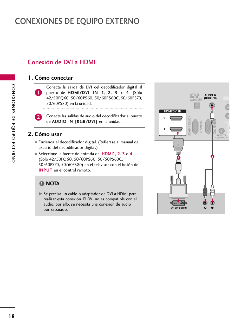 Conexión de dvi a hdmi, Cómo conectar 2. cómo usar, Nota | Conexiones de equipo externo | LG 42PQ30C User Manual | Page 268 / 371