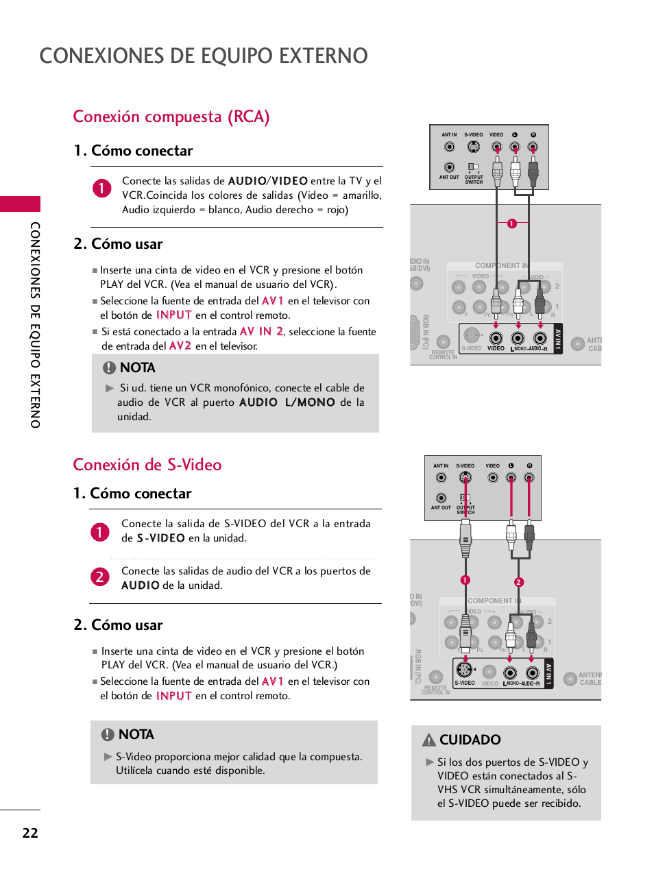 Conexión compuesta (rca), Conexión de s-video, Cómo conectar 2. cómo usar | Cómo usar, Cómo conectar, Nota, Cuidado, Conexiones de equipo externo | LG 42PQ30C User Manual | Page 272 / 371