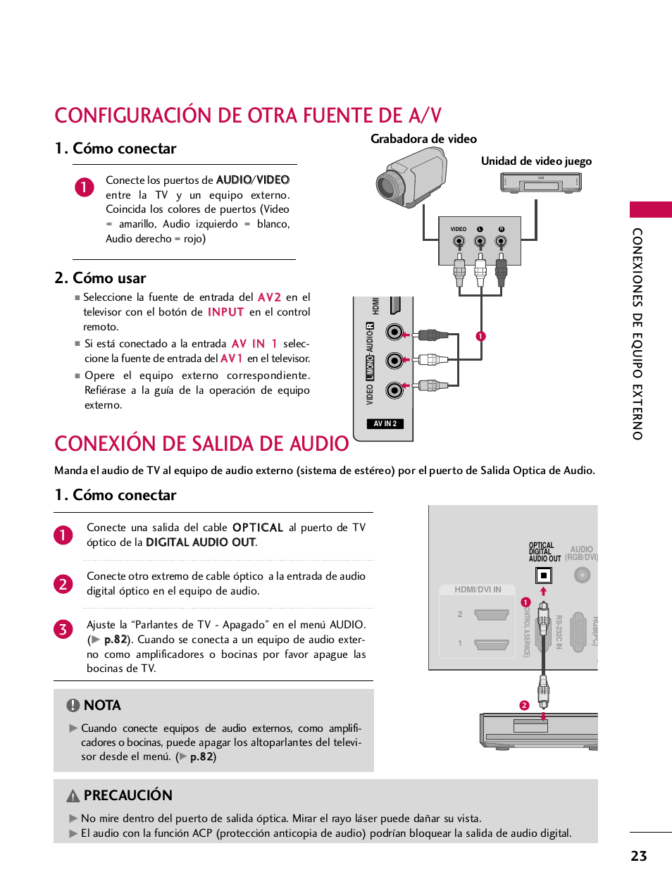 Configuración de otra fuente de a/v, Conexión de salida de audio, Cómo conectar 2. cómo usar | Cómo conectar, Nota, Precaución, Conexiones de eq uipo externo, Grabadora de video | LG 42PQ30C User Manual | Page 273 / 371