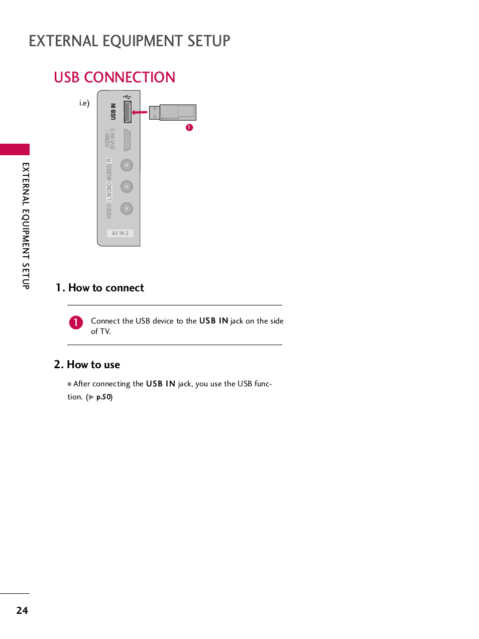 Usb connection, External equipment setup, How to connect | How to use | LG 42PQ30C User Manual | Page 28 / 371