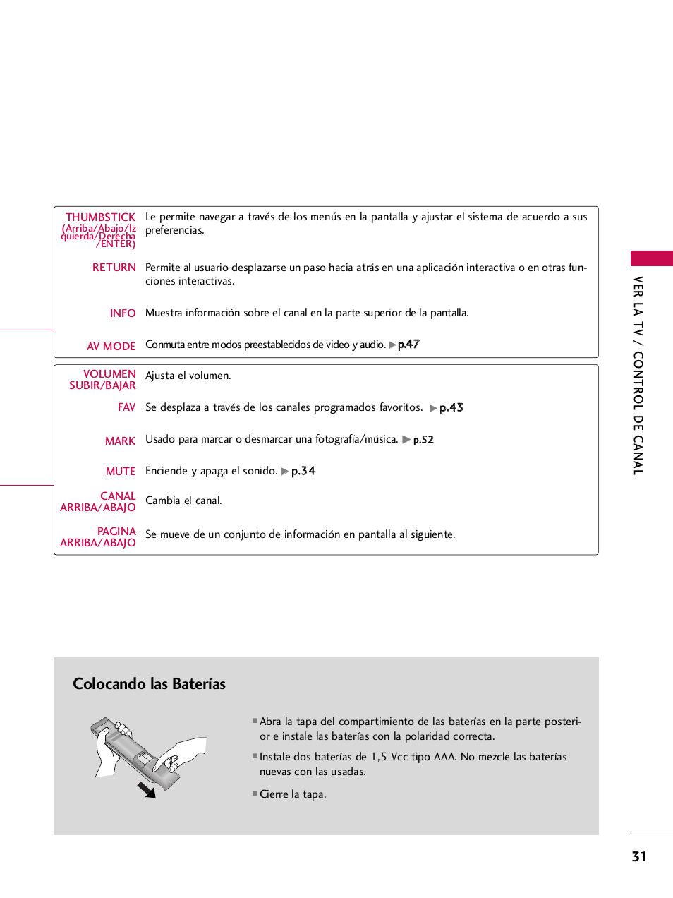 Colocando las baterías, Ver la tv / contr ol de canal | LG 42PQ30C User Manual | Page 281 / 371