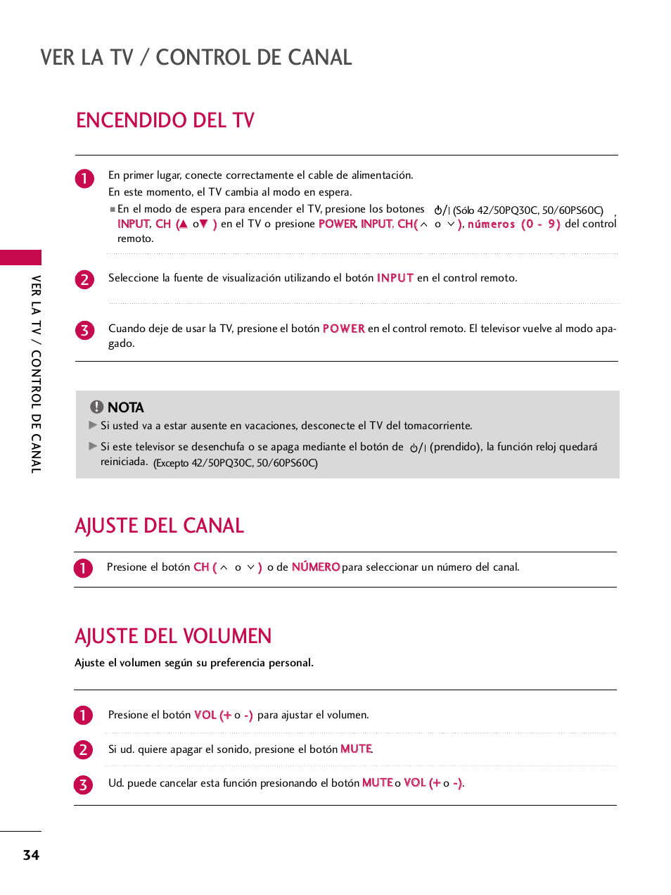 Encendido del tv, Ajuste del canal, Ajuste del volumen | Ver la tv / control de canal, Ajuste del volumen ajuste del canal, Nota | LG 42PQ30C User Manual | Page 284 / 371
