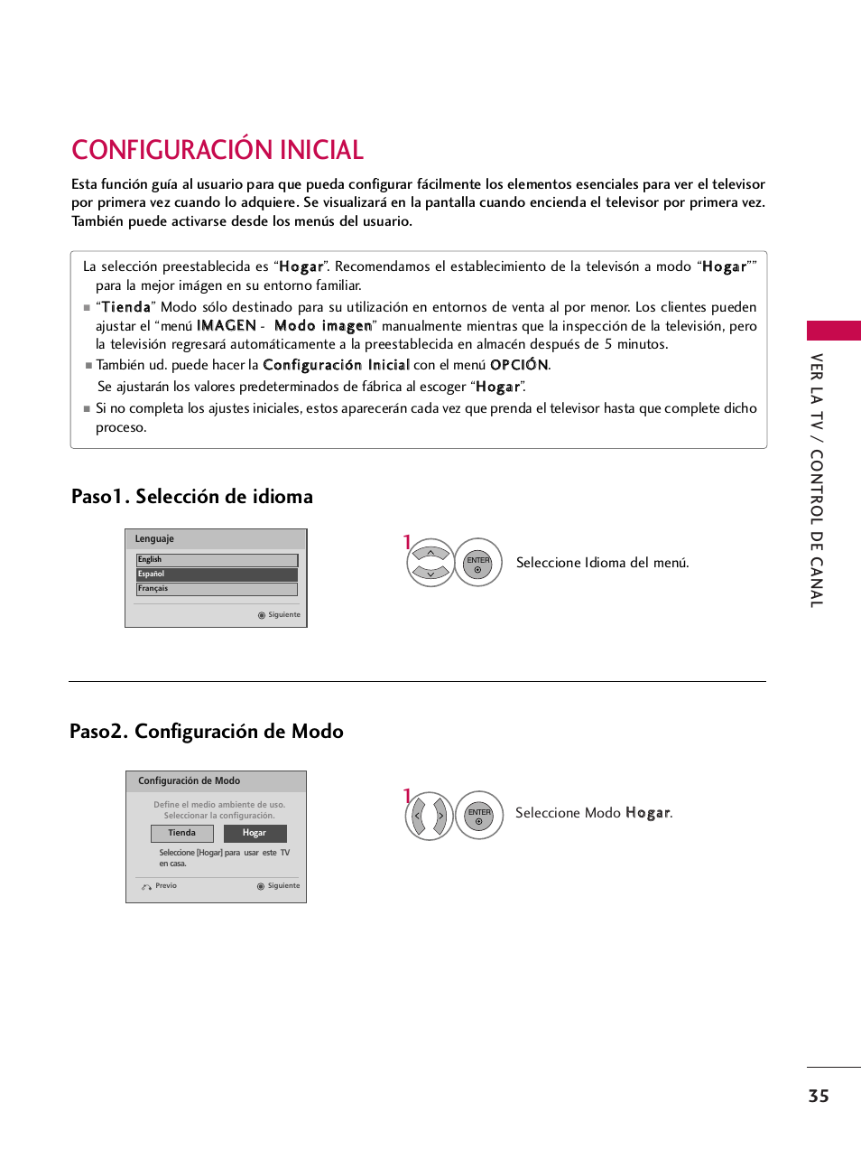 Configuración inicial, Paso2. configuración de modo, Paso1. selección de idioma | Ver la tv / contr ol de canal | LG 42PQ30C User Manual | Page 285 / 371