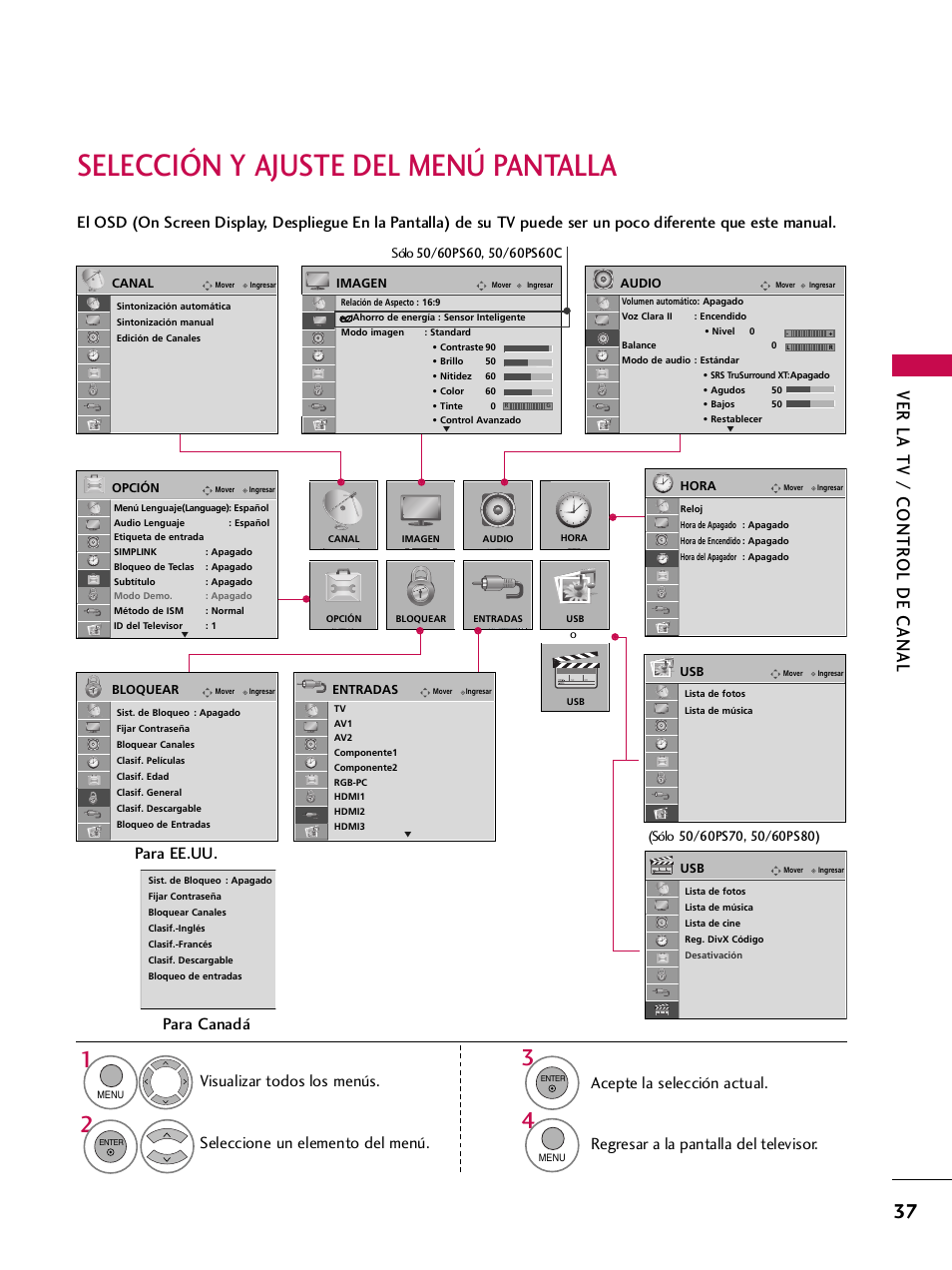 Selección y ajuste del menú pantalla, Ver la tv / contr ol de canal, Regresar a la pantalla del televisor | Para ee.uu. para canadá | LG 42PQ30C User Manual | Page 287 / 371