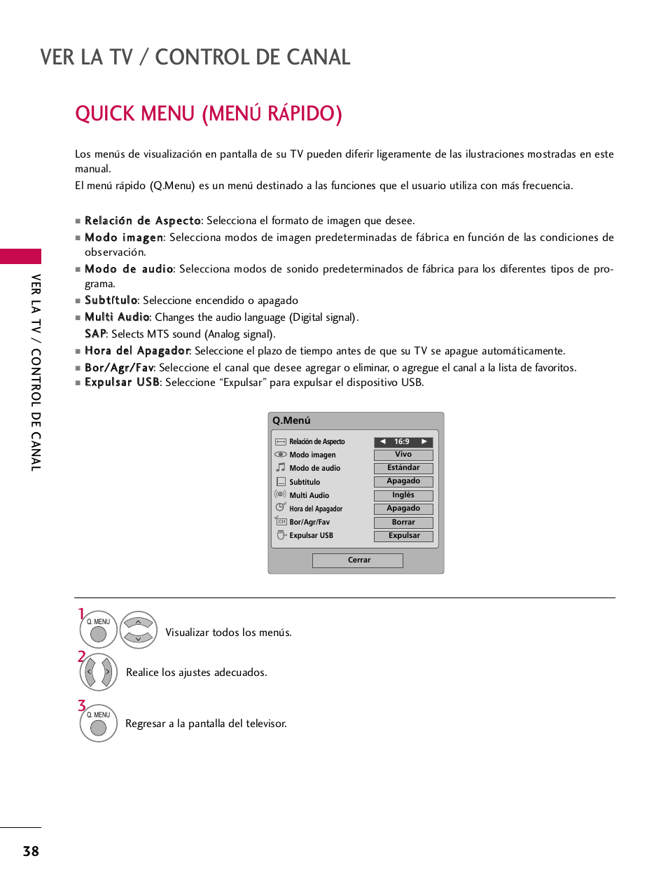 Quick menu (menú rápido), Ver la tv / control de canal, Quick menu (men | Pido), Ver la tv / contr ol de canal | LG 42PQ30C User Manual | Page 288 / 371