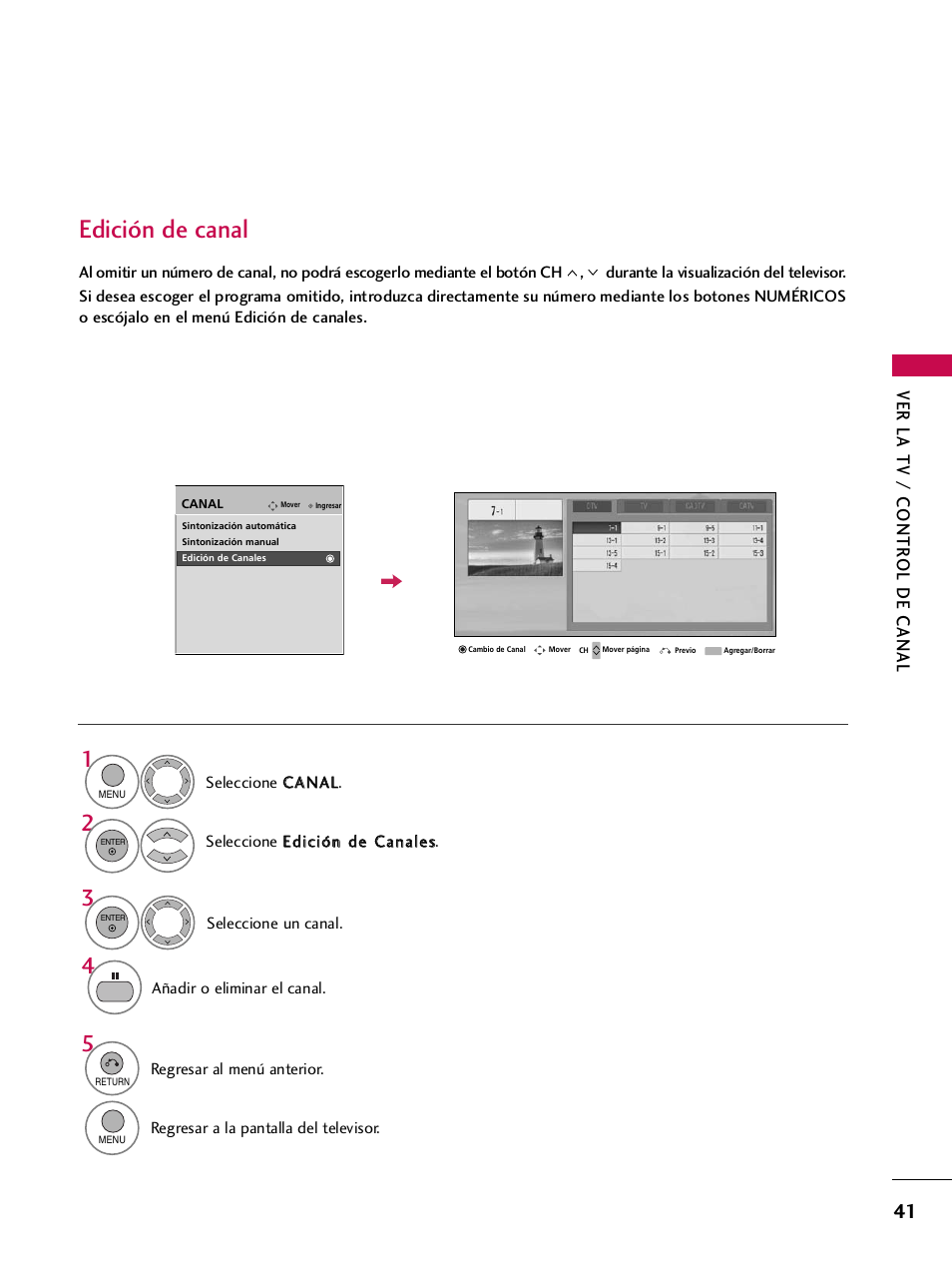 Edición de canal, Ver la tv / contr ol de canal | LG 42PQ30C User Manual | Page 291 / 371