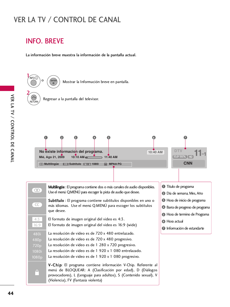 Info. breve, Ver la tv / control de canal, Ver la tv / contr ol de canal | LG 42PQ30C User Manual | Page 294 / 371