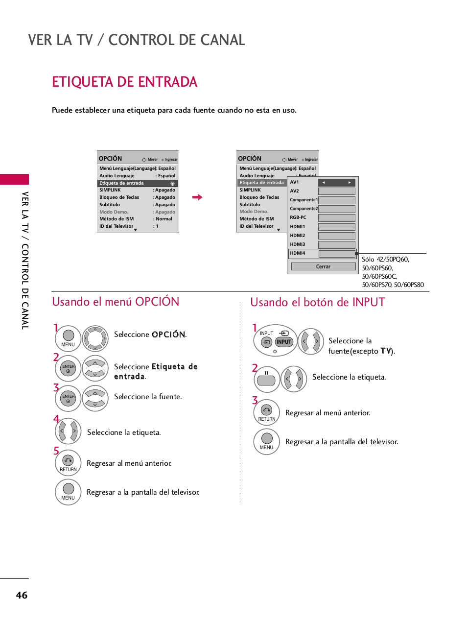Etiqueta de entrada, Ver la tv / control de canal, Usando el menú opción | Usando el botón de input, Ver la tv / contr ol de canal | LG 42PQ30C User Manual | Page 296 / 371
