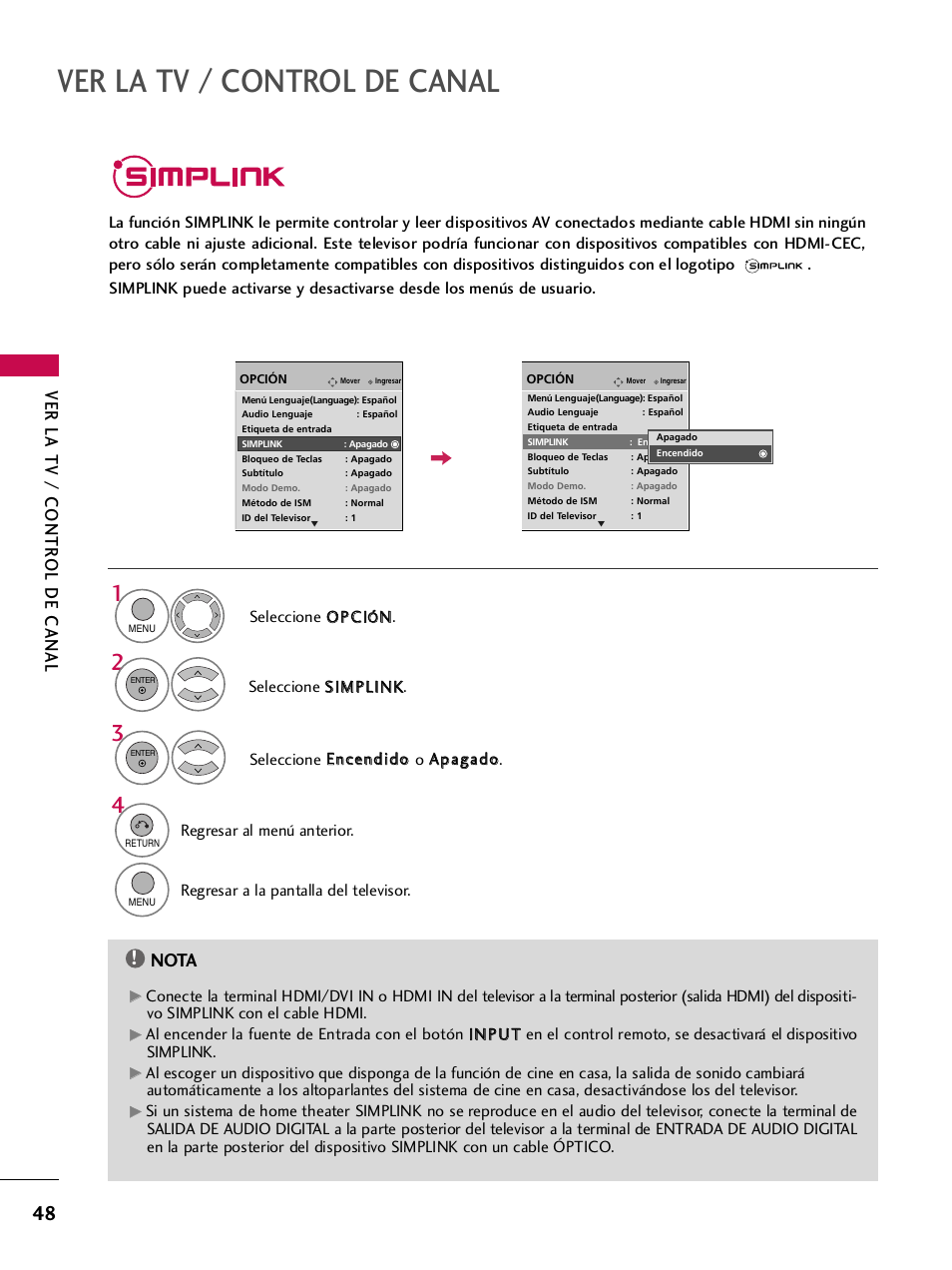 Simplink, Ver la tv / control de canal, Ver la tv / contr ol de canal | Nota | LG 42PQ30C User Manual | Page 298 / 371