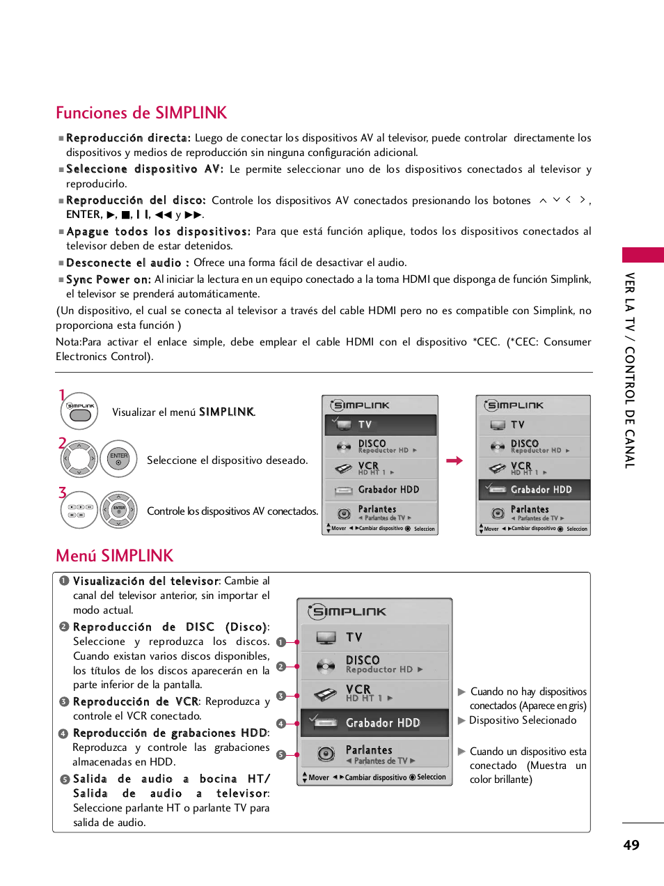 Funciones de simplink, Menú simplink, Ver la tv / contr ol de canal | Ggrraabbaaddoorr h hd dd d ppaarrllaanntteess | LG 42PQ30C User Manual | Page 299 / 371