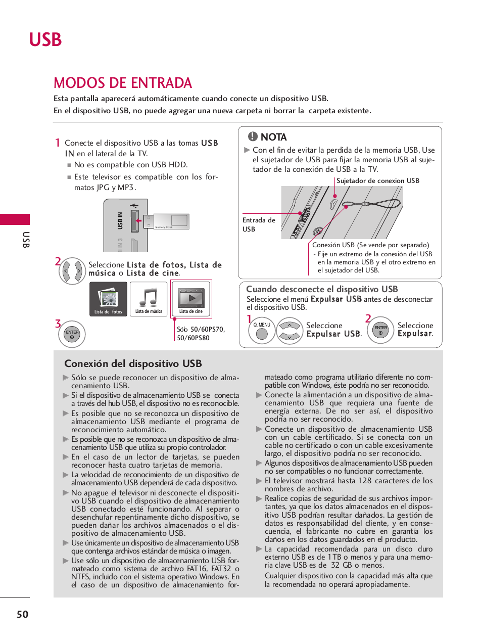 Modos de entrada, Conexión del dispositivo usb, Nota | Cuando desconecte el dispositivo usb | LG 42PQ30C User Manual | Page 300 / 371