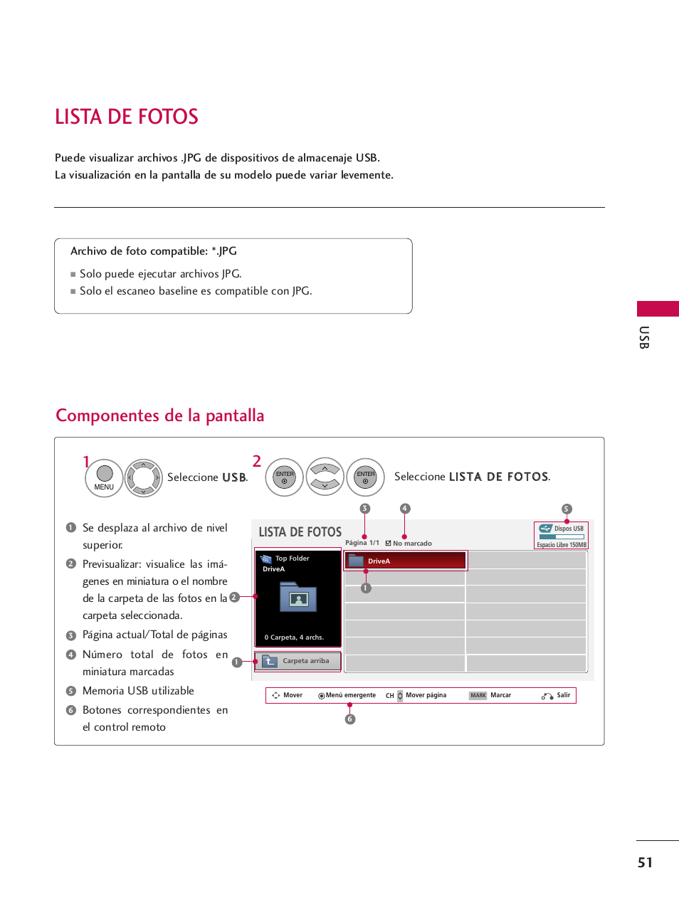 Lista de fotos, Componentes de la pantalla | LG 42PQ30C User Manual | Page 301 / 371