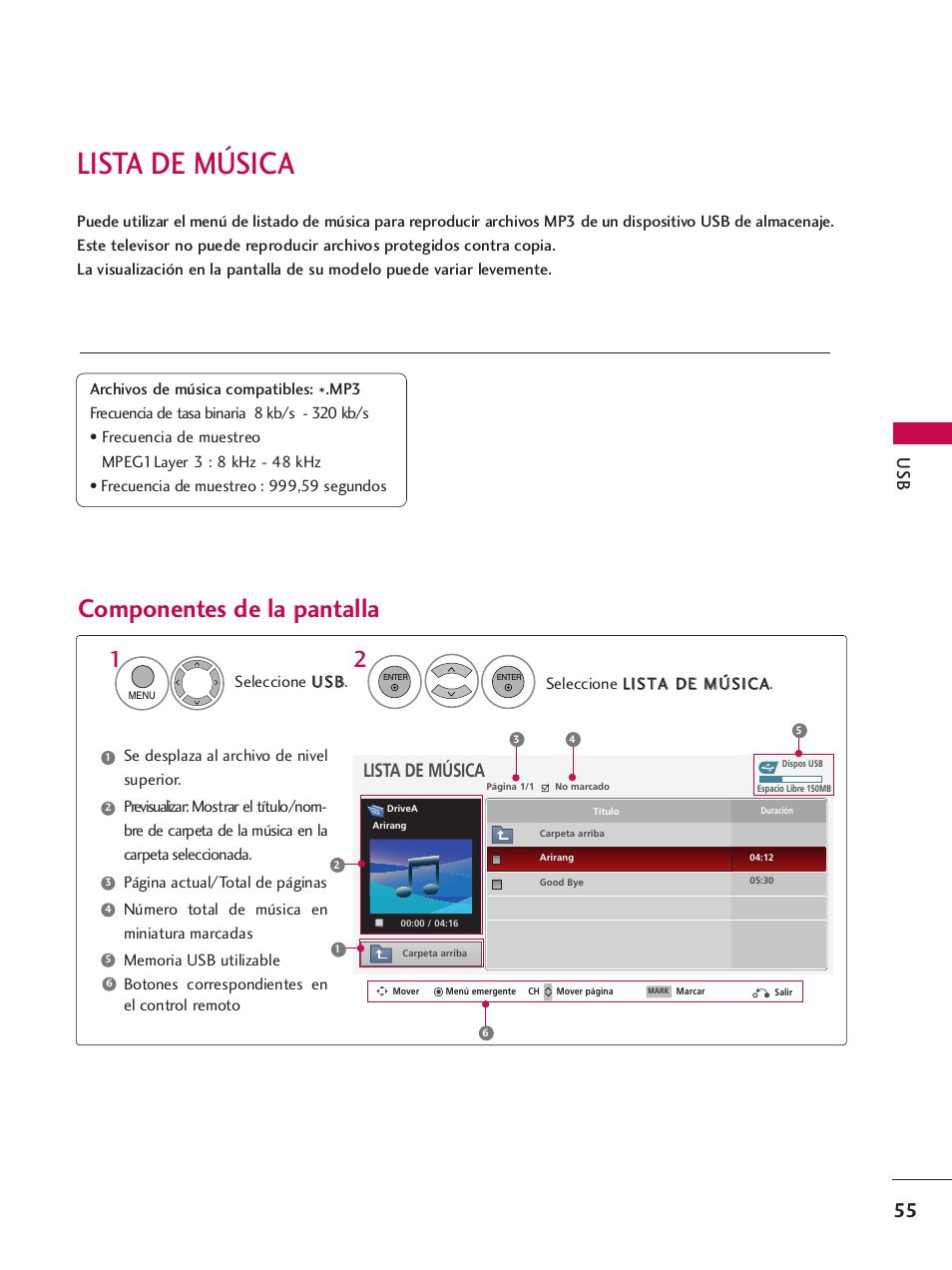 Lista de música, Componentes de la pantalla | LG 42PQ30C User Manual | Page 305 / 371