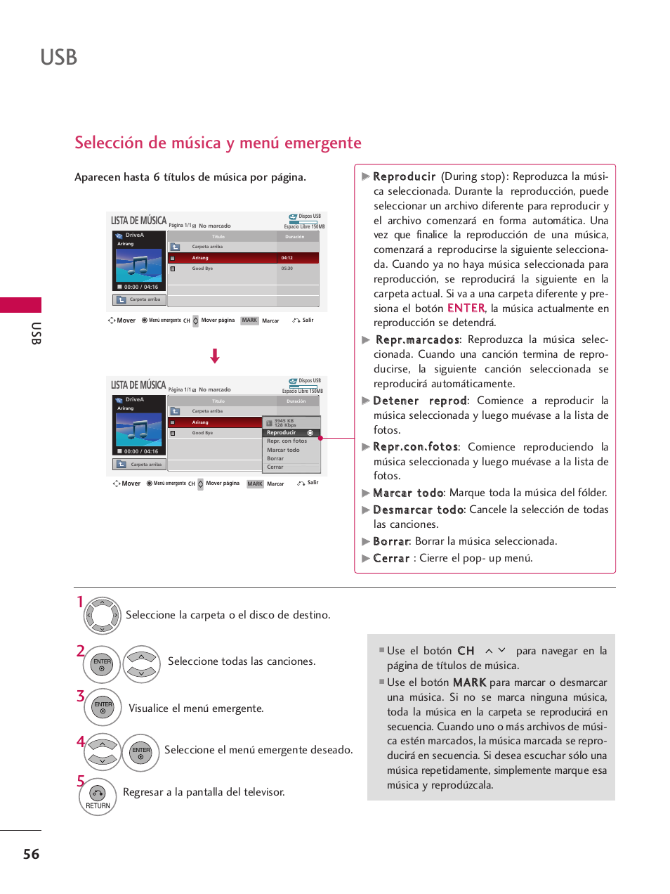 Selección de música y menú emergente | LG 42PQ30C User Manual | Page 306 / 371
