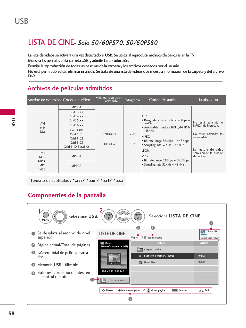 Lista de cine, Archivos de películas admitidos, Componentes de la pantalla | Liste de cine | LG 42PQ30C User Manual | Page 308 / 371