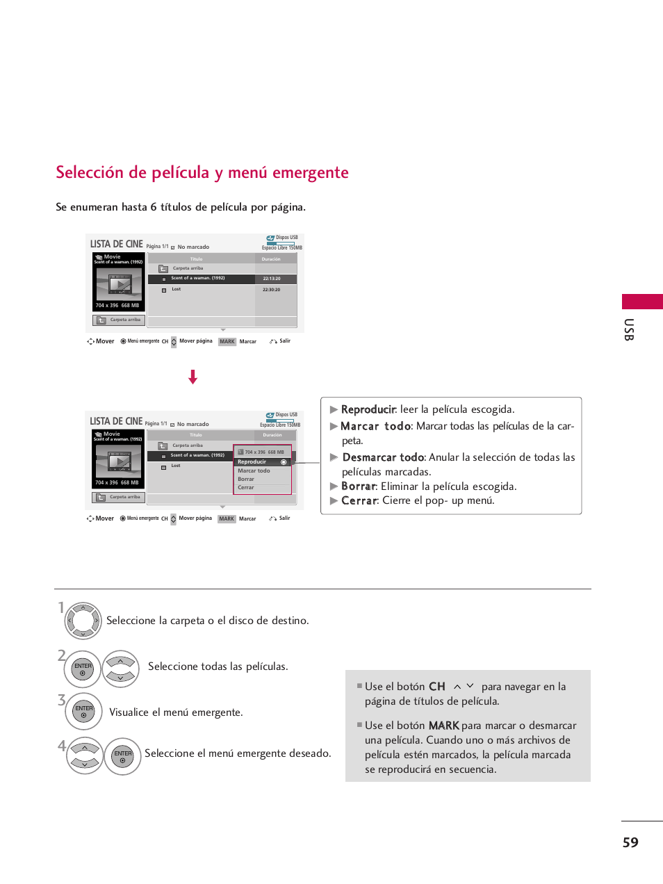Selección de película y menú emergente | LG 42PQ30C User Manual | Page 309 / 371