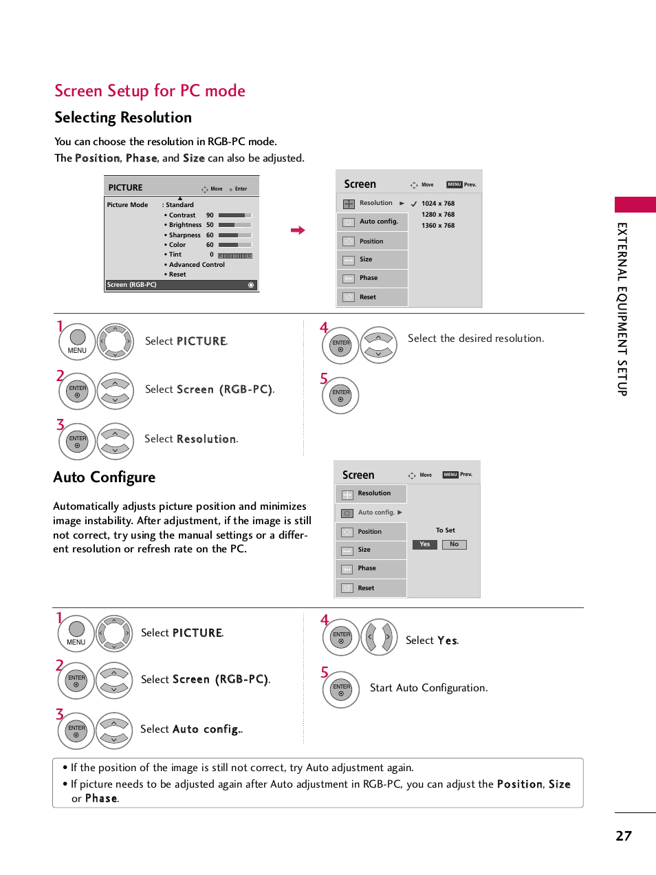 Screen setup for pc mode, Auto configure, Selecting resolution | External eq uipment setup | LG 42PQ30C User Manual | Page 31 / 371