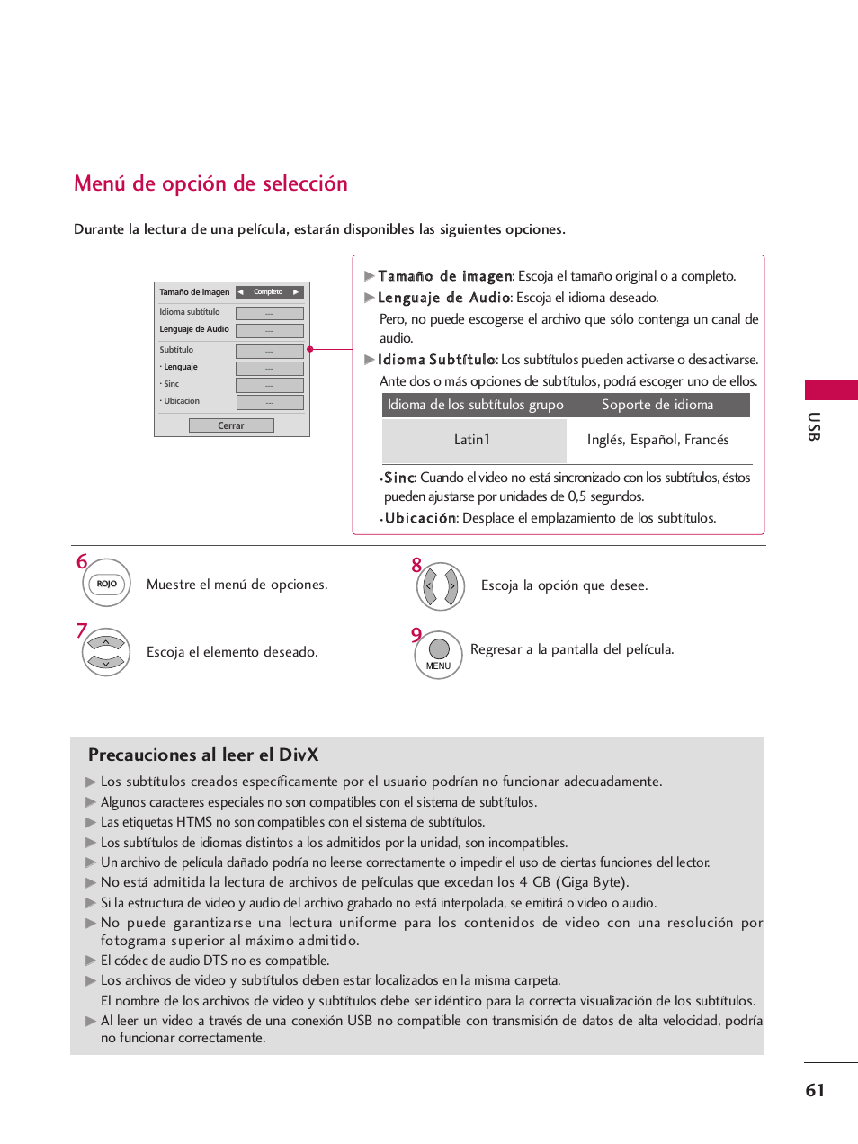 Menú de opción de selección, Precauciones al leer el divx | LG 42PQ30C User Manual | Page 311 / 371
