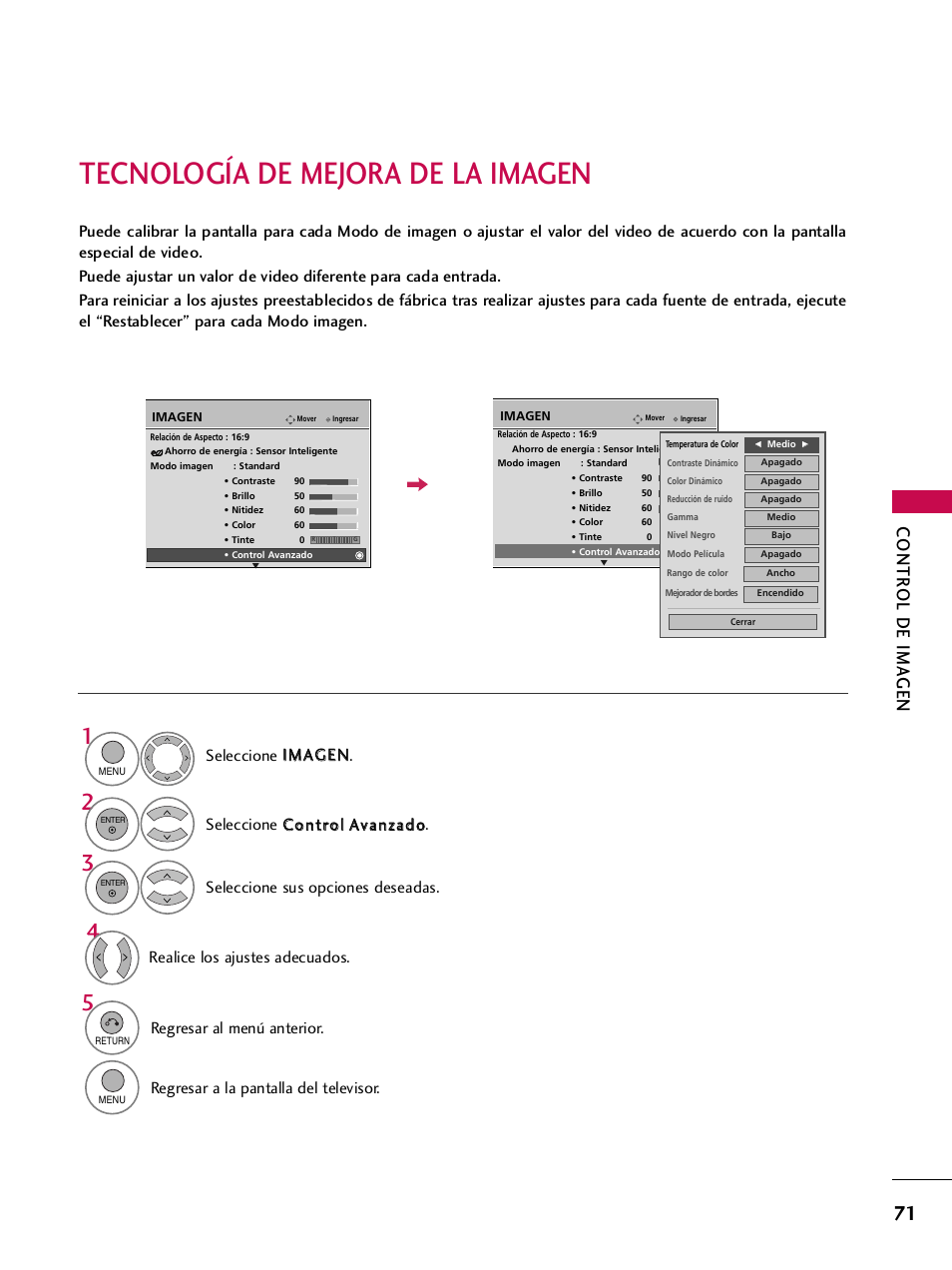 Tecnología de mejora de la imagen, Contr ol de ima gen, Regresar al menú anterior | LG 42PQ30C User Manual | Page 321 / 371