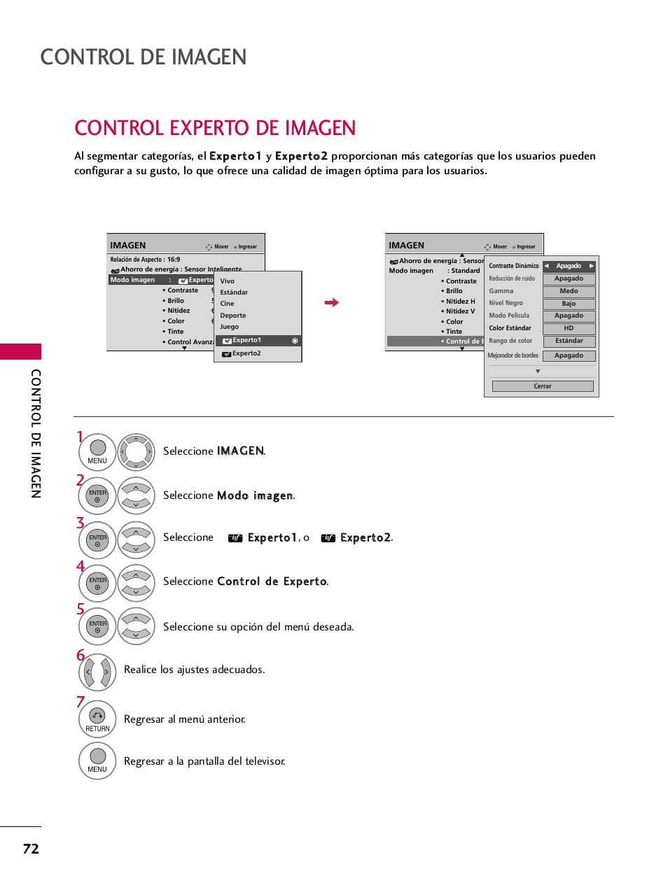 Control experto de imagen, Control de imagen, Contr ol de ima gen | Realice los ajustes adecuados, Regresar al menú anterior, Regresar a la pantalla del televisor | LG 42PQ30C User Manual | Page 322 / 371