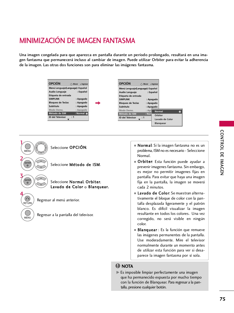 Minimización de imagen fantasma, Contr ol de ima gen, Nota | LG 42PQ30C User Manual | Page 325 / 371