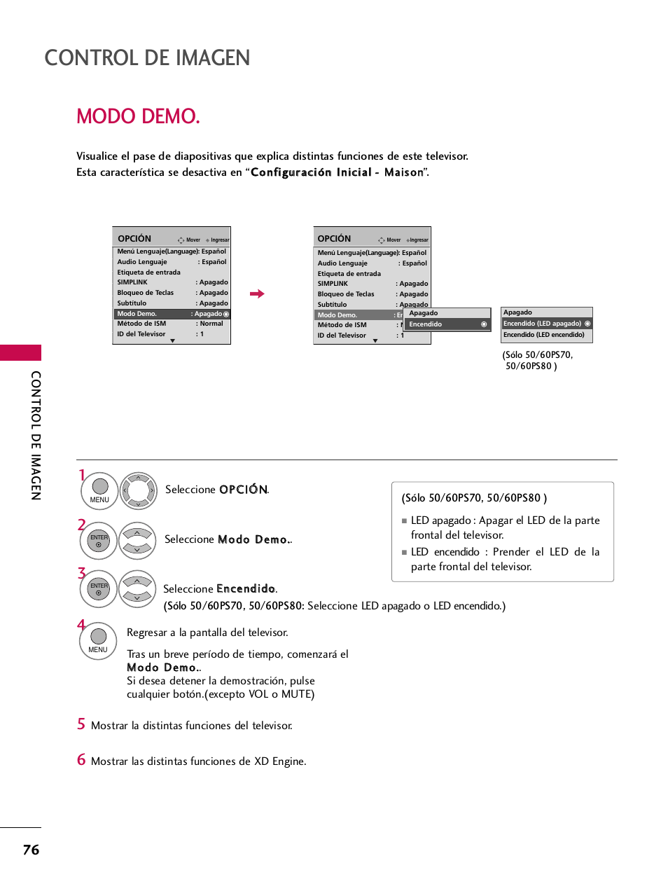 Modo demo, Control de imagen, Contr ol de ima gen | LG 42PQ30C User Manual | Page 326 / 371